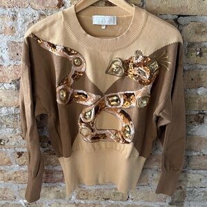 VTG ESCADA Jeweled Snake 100% Cotton Pullover Sweater Gold Medium